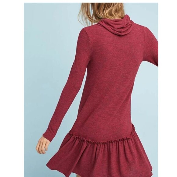 Anthropologie Tunic Sweater Dress Medium Red Turtleneck Drop-Waist Ruffle Hem - Picture 2 of 5